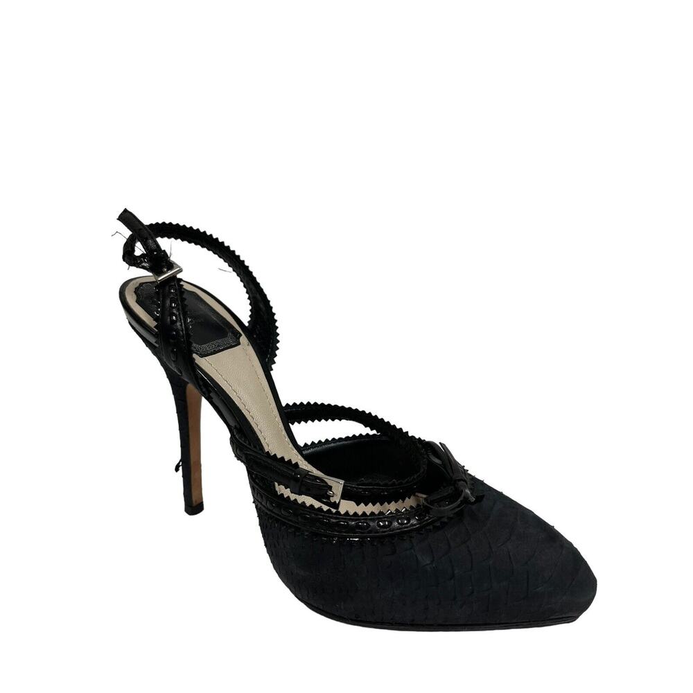 CHRISTIAN DIOR Black Suede Snakeskin Leather Trim Bow Slingback Heels Size 37.5 - Picture 2 of 9